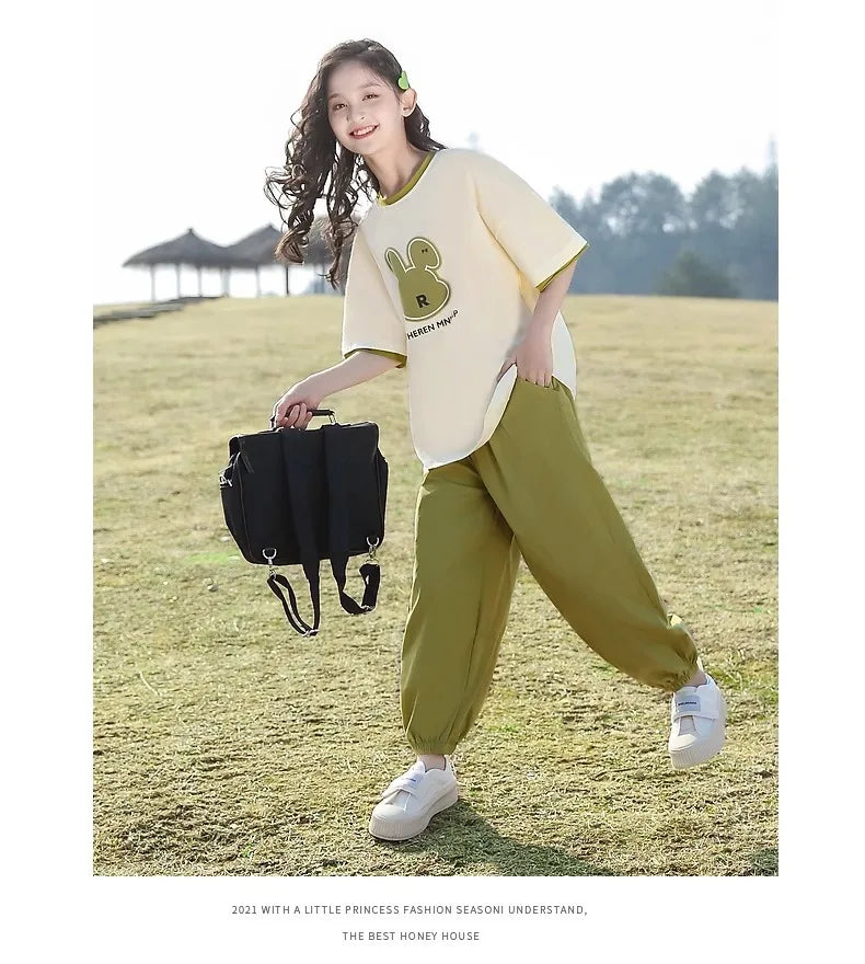 5 6 8 10 12 14 Years Summer Girls Clothing Sets Cute Rabbit Tops + Pants 2Pcs Outfits Kids Tracksuit Teenagers New Kids Clothes