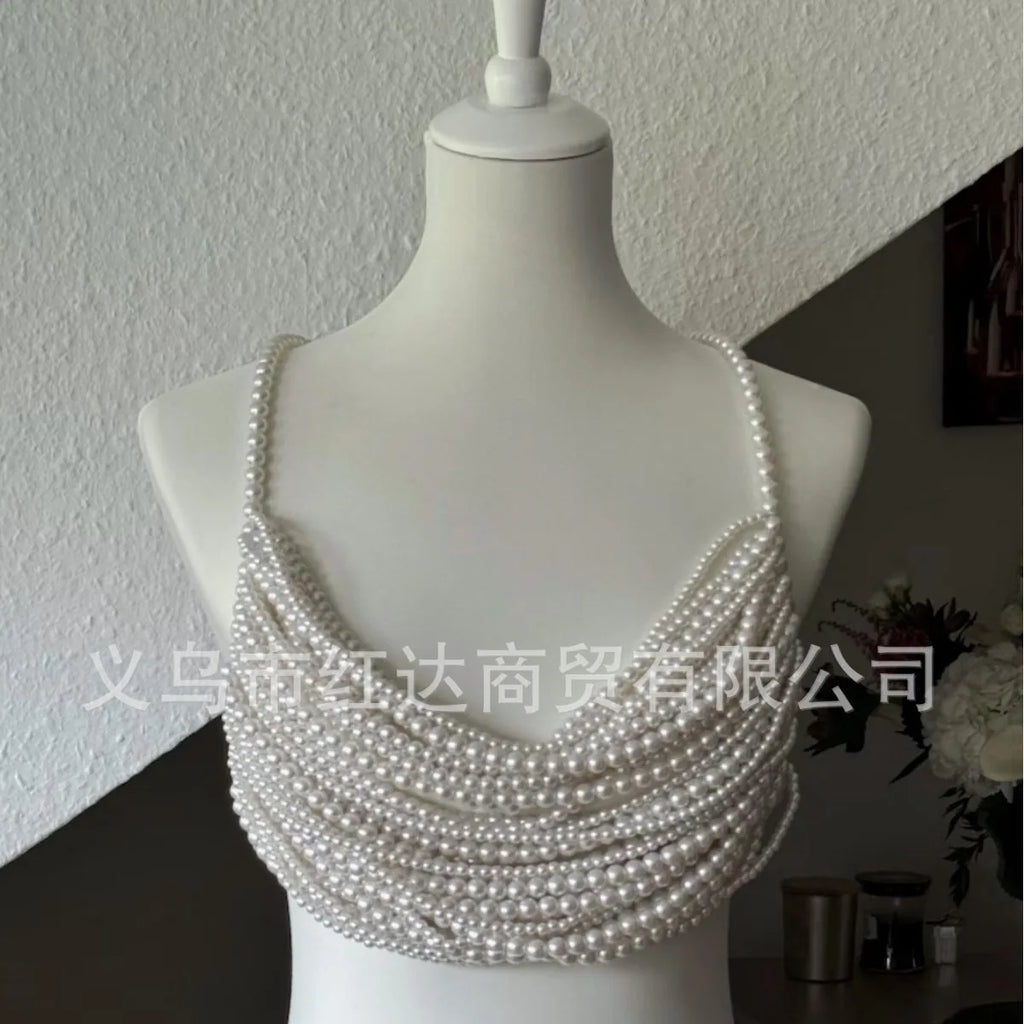 Pure Handmade Multi-Storey High Quality Pearls Camisole Tops Vest Sexy Chest Chain Decorate Hanging Neck Necklace Luxury Brand