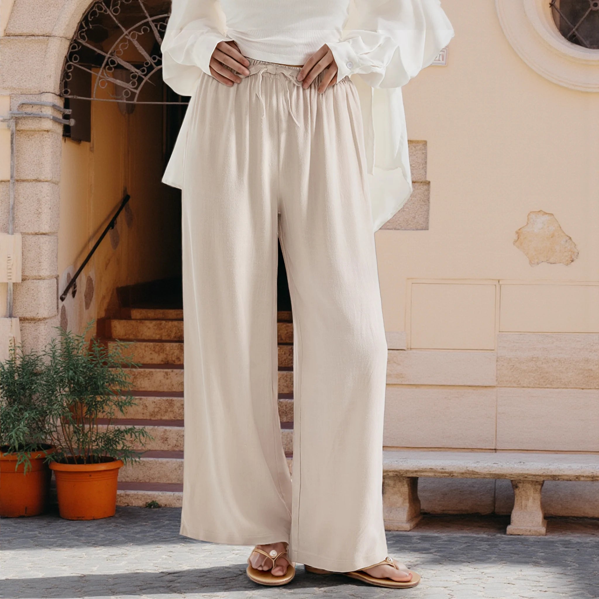 Loose Wide Leg Casual Pants Women's  Korean Linen Office Lady Household Trousers Drawstring Straight Leg Long Pants Femme