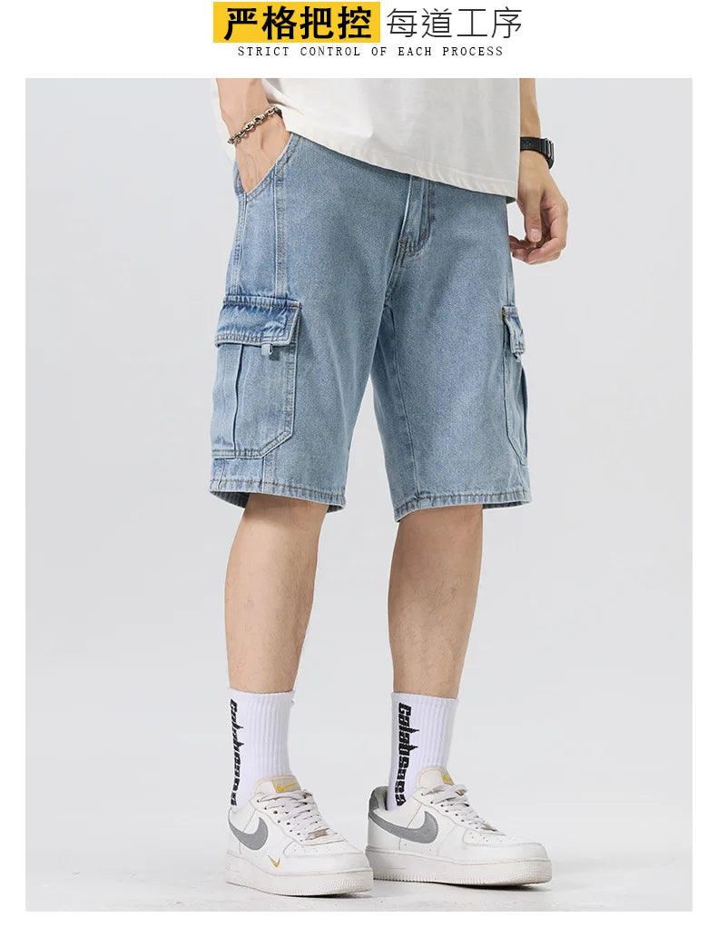 Men's Fashion Cargo Denim Shorts Summer Streetwear Multi-Pocket Casual Knee Length Stretch Five-Point Jeans Shorts Male Trendy