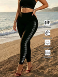 Women's Black High Waist Rhinestone Snowflake Leggings Slim Fit Stretch 9/10 Length Casual Tights