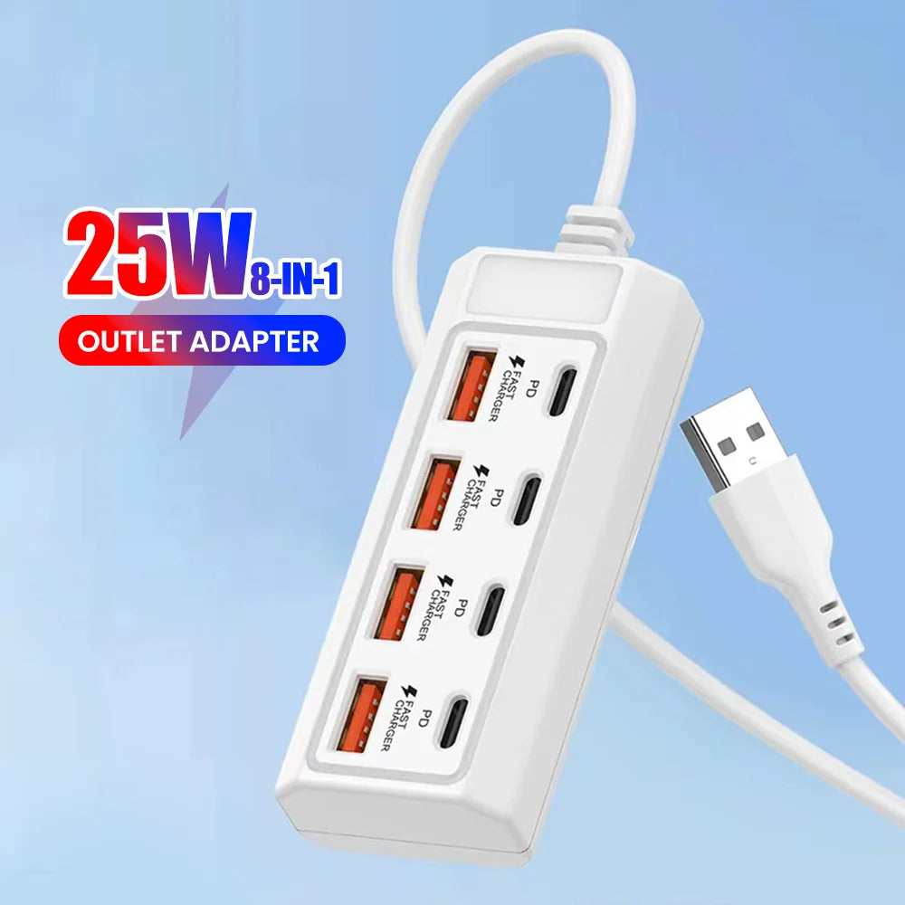 8-Port USB Charger Socket 25W Fast Charging Power Outlet Adapter Docking Stations USB Splitter Converter USB Electrical Socket