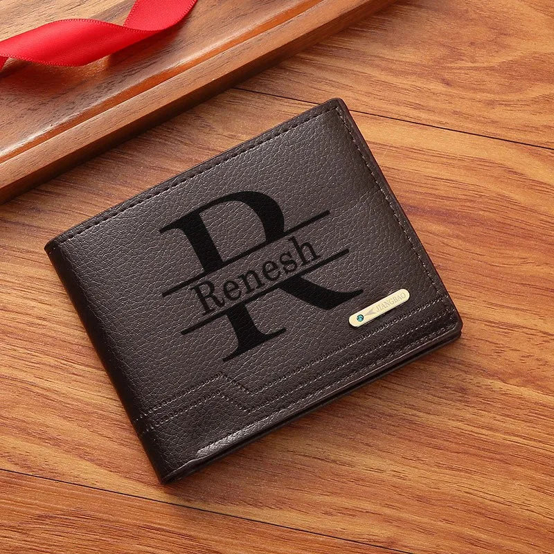 Personalized Custom Name Bifold Short Wallet Casual Lychee Patterned Soft Leather Man's Wallet Multi Card Slot PU Leather Purse