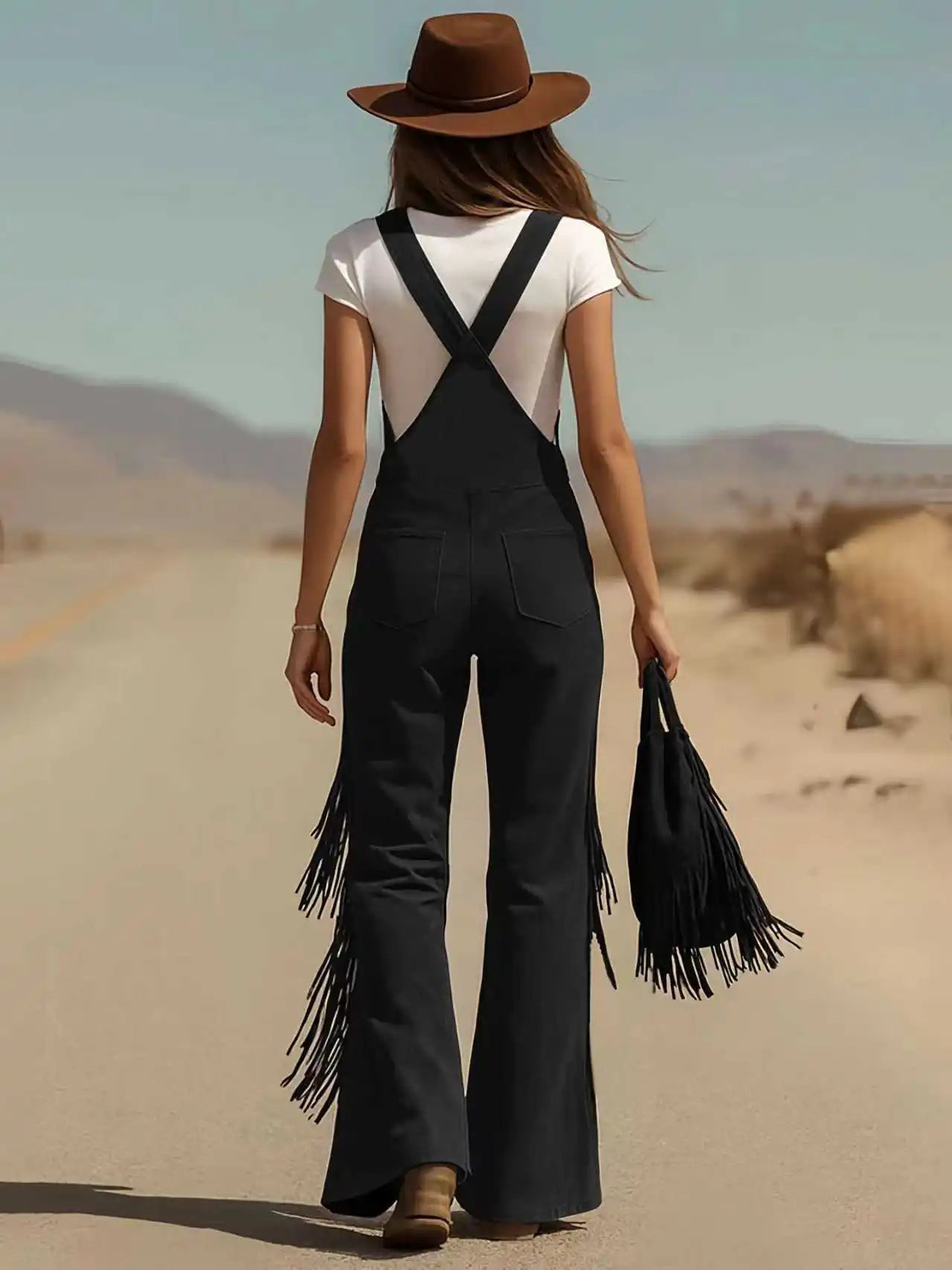 Women's Fashion Retro Western Tassel Wide Leg Jumpsuit 2026 New Casual Pocket Straps Female All-Match Rompers