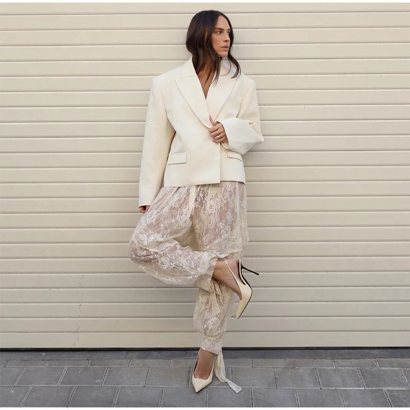 Lace Trim Drawstring Hem Pants Sheer Floral Print Baggy Fit 2026 Summer Vacation Women Pant Trendy Romantic Lady Date Trousers