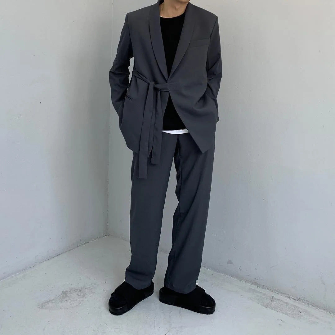 Spring Autumn Men's Loose Half Sleeved Suits Blazer Pants  2 Pieces Solid Clor Fashion Half Waistband Casual Blazer Suit Sets