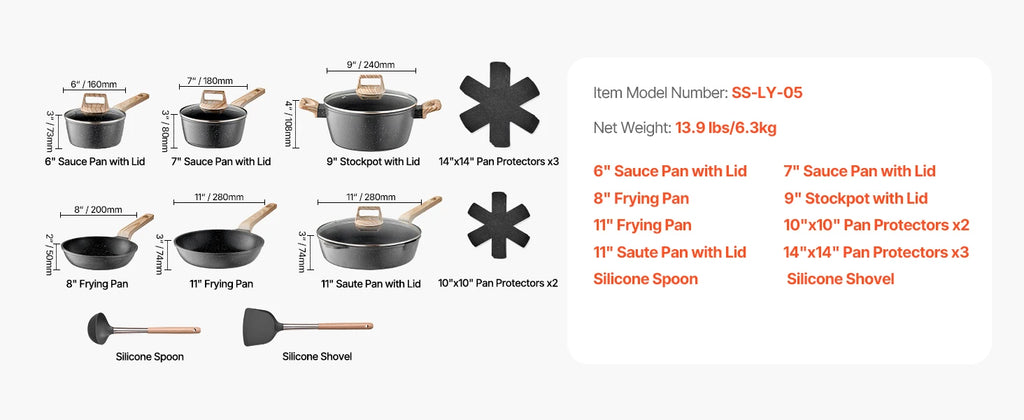 SucceBuy 17 Piece Pots and Pans Set Nonstick Detachable Handle Cookware Kitchen RV Cooking Sets, with Frying, Sauce, Saute Temp