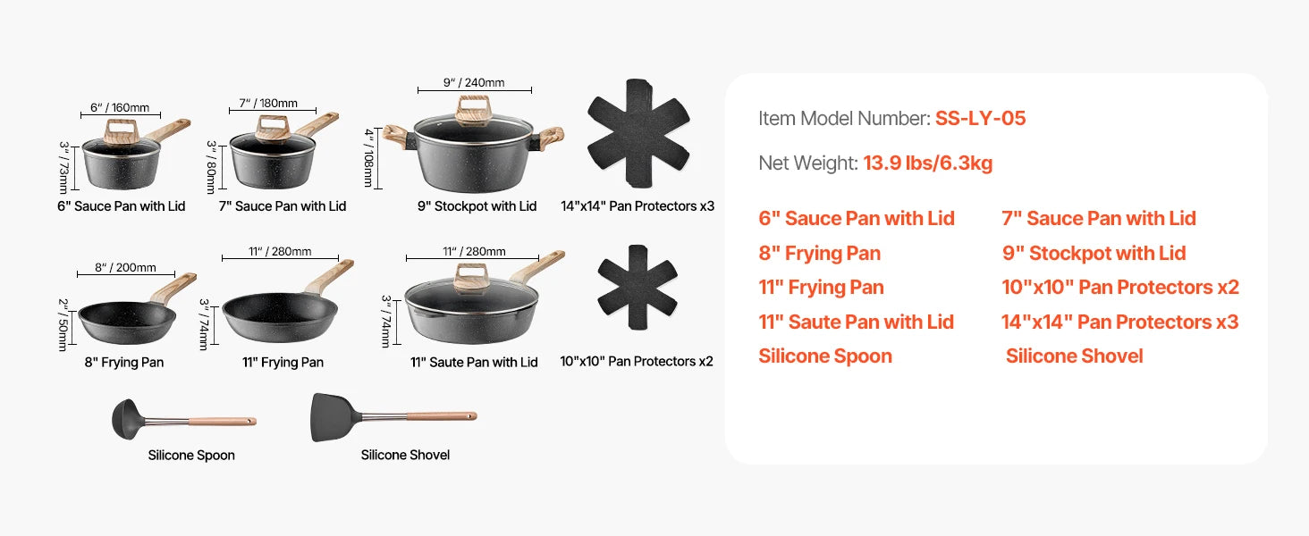 SucceBuy 17 Piece Pots and Pans Set Nonstick Detachable Handle Cookware Kitchen RV Cooking Sets, with Frying, Sauce, Saute Temp