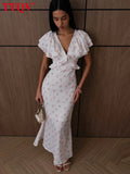 TTQV Sexy Loose Print Women's Dress 2026 Summer V-Neck Short Sleeve Ankle Length Dresses Elegant Classic Ruffles Female Dress