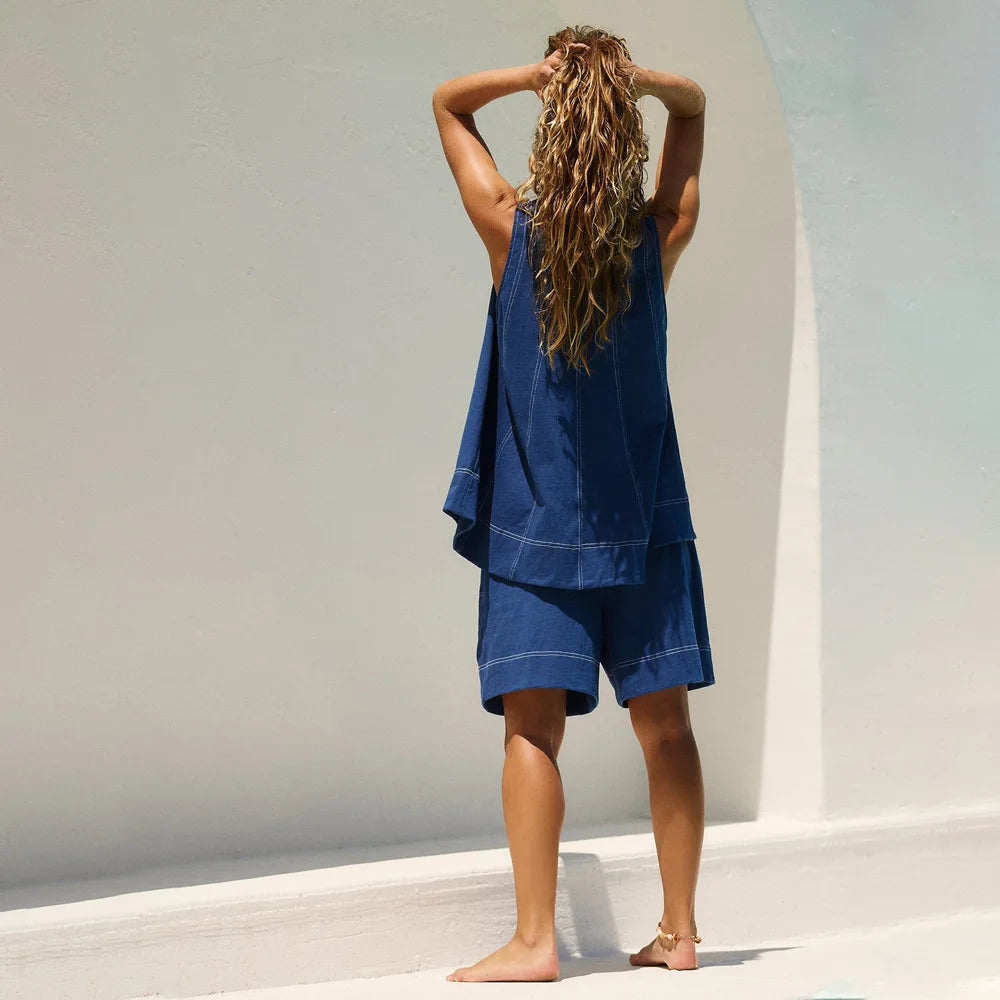 Women Vintage Denim Tops Pant Sets Two 2 Pieces Sets A-Line Tank Cami Sleeveless Shorts Pockets Retro Jeans High Street Outfits