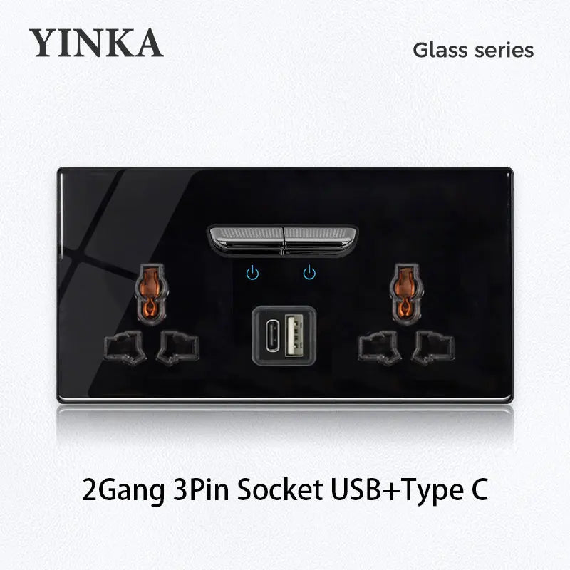 YINKA Crystal Tempered Glass Switch Panel LED Indicator 1 2 3 4 Gang/1 2 Way Self-reset Switch Button Light Switch Wall Switch