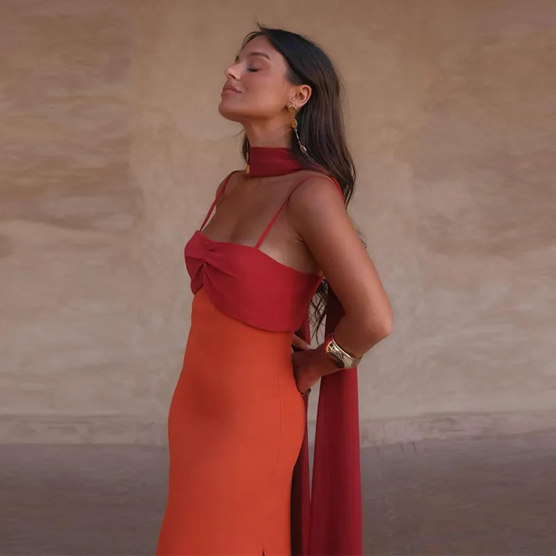 Color Block Twist Bust Slit Maxi Dress Spaghetti Strap Form-Fitting 2026 Summer Fashion Chic Bold Women Wedding Guest Gala Dress