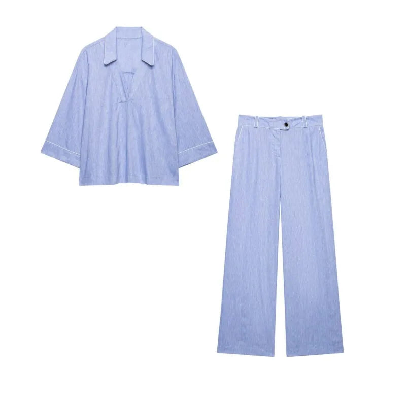 Women's High-Waist Pants Set Two Piece New 2026 Summer V-Neck Blouse with Piping and Straight Leg Pants Chic Female Outfit