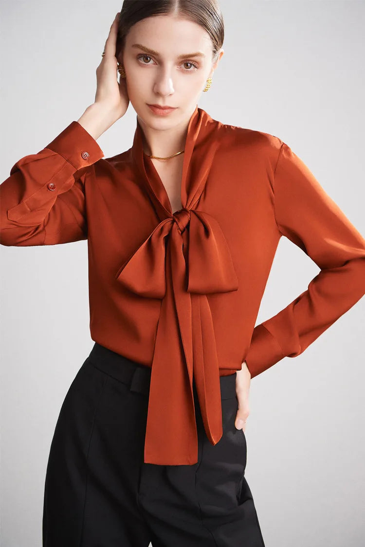 Spring Summer Silk Ribbon Blouse 90% Mulberry Silk Lace Up Long-sleeve Elegant Tops