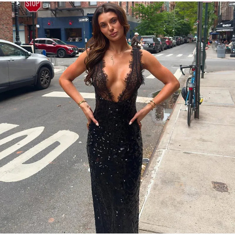 Sexy Deep V-neck Lace Spliced Sequins Long Dress Women Sleeveless Backless Hip Package Slim Dresses 2026 Spring Lady Party Gowns