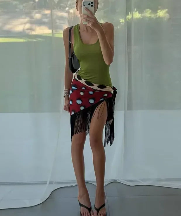 Bohemian Contrast Polka Dot Wrap Skirt Women Vintage Tie Waist Lace Up Chiffon Midi Skirts Coffee Dating Night Out Wear 2026 New