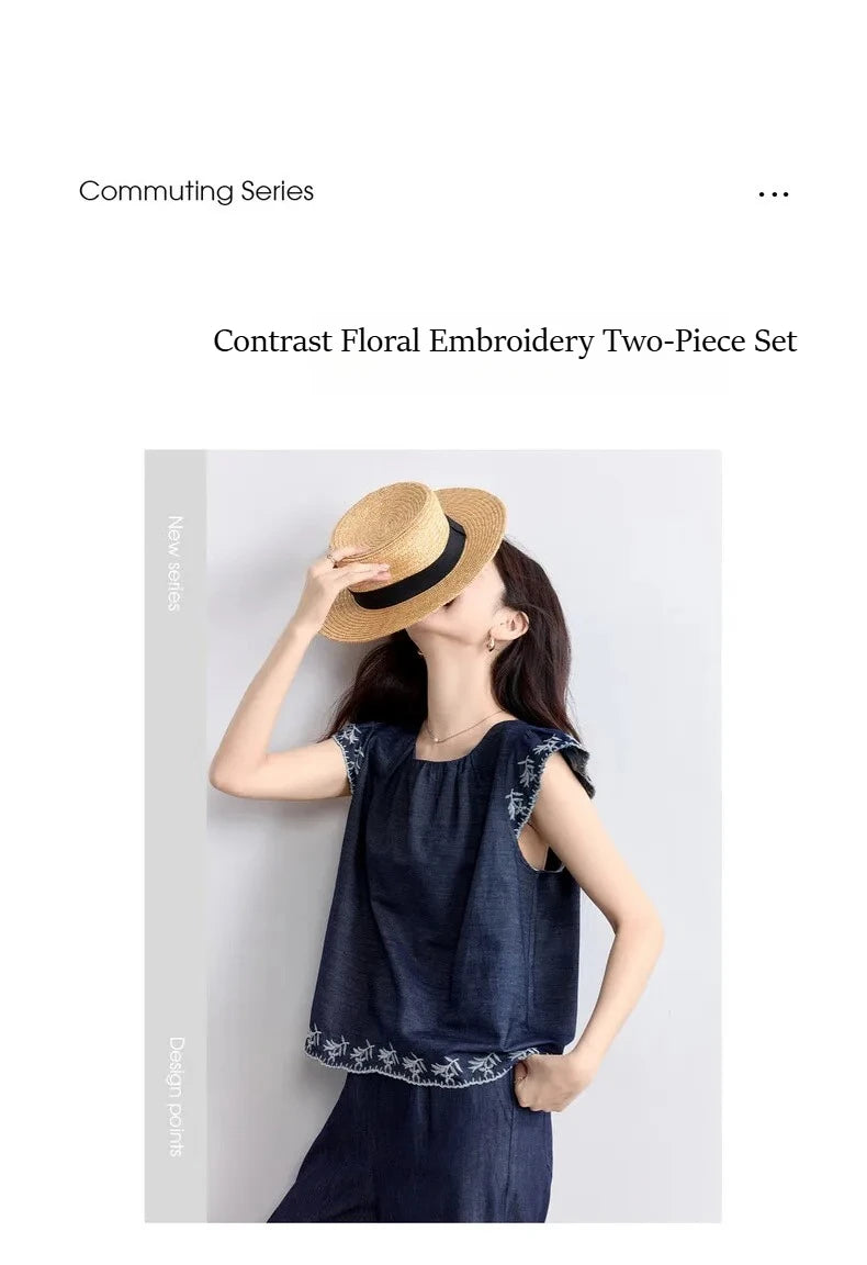 SENTUBILA Summer Demin Pant Sets Woman 2 Piece Outfits 2026 Vintage Flora Embroider Tops Cropped Pant Women's Suit W52ZC2349