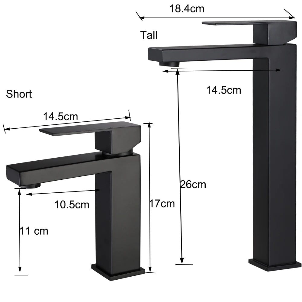 Matte Black  Bathroom Faucet Deck Mount 304 Stainless Steel  Cold and Hot Black  Square Sink Tap Short and Tall