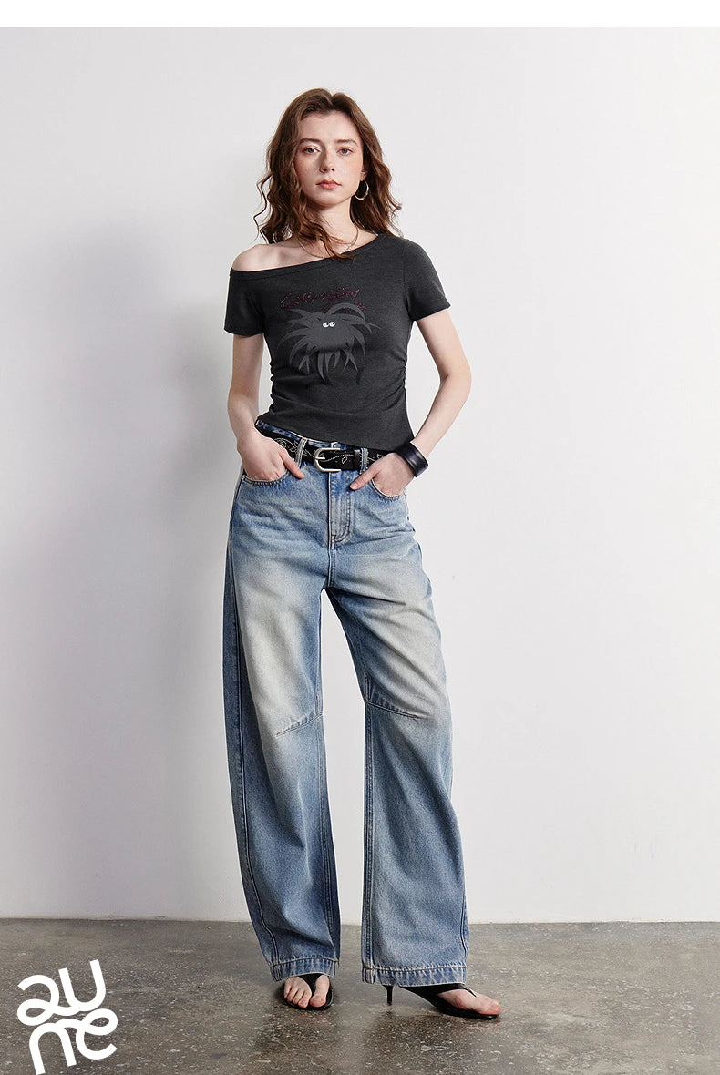 TOYOUTH Women Denim Jeans 2026 Summer New High Waist Curved Knife Pants