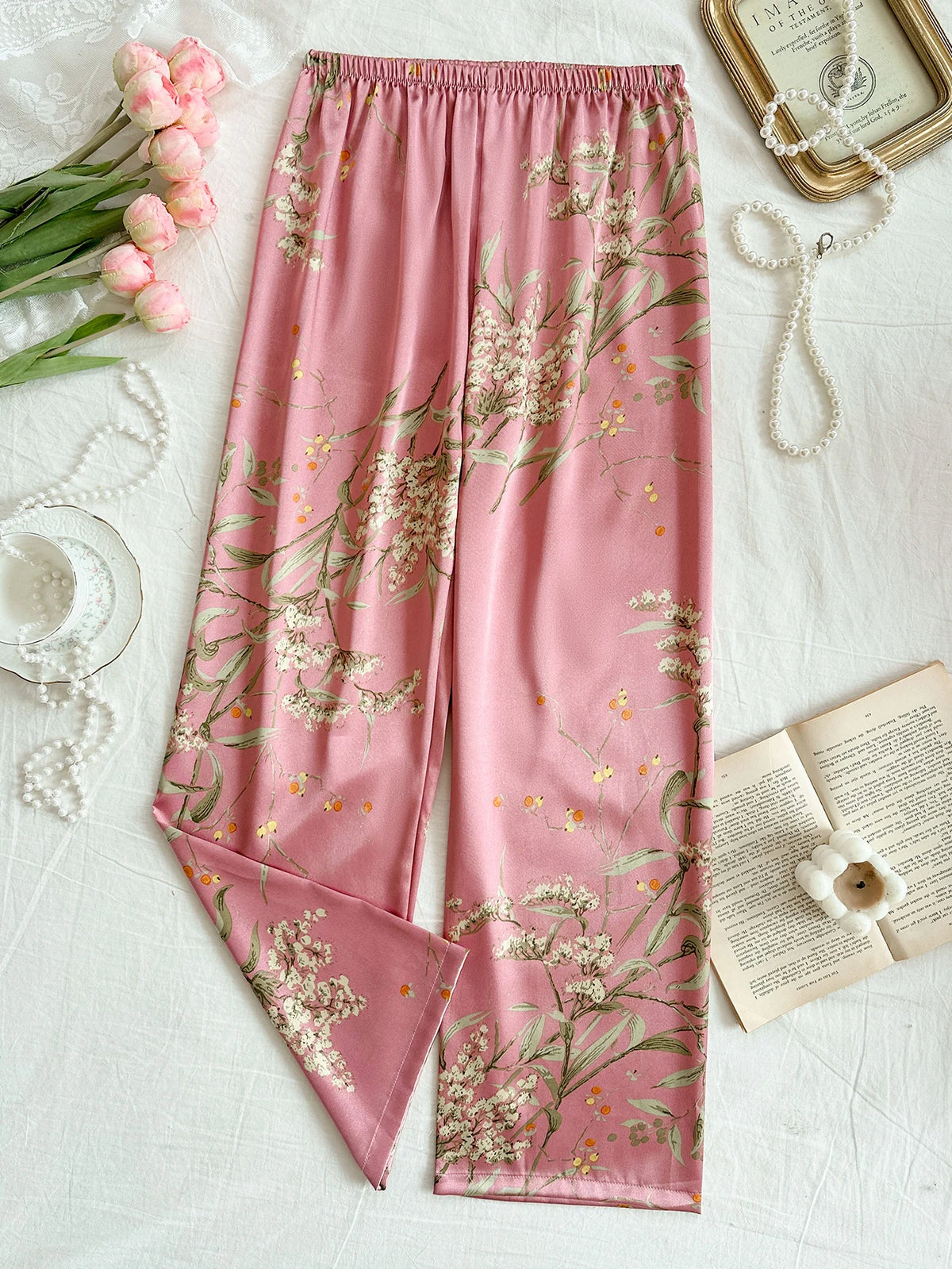 New All Season Women Cherry Print Pants Elastic Waist Loose Trousers Casual Home Loungewear Sleep Bottoms