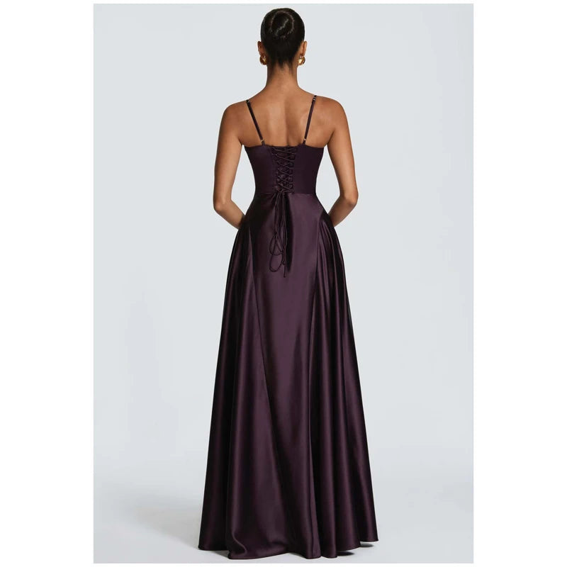 Women Fashion Solid Pleated Halter Dress Waist-cinching Sleeveless Backless Split Maxi Dresses 2026 Sexy Summer Lady Party Gowns