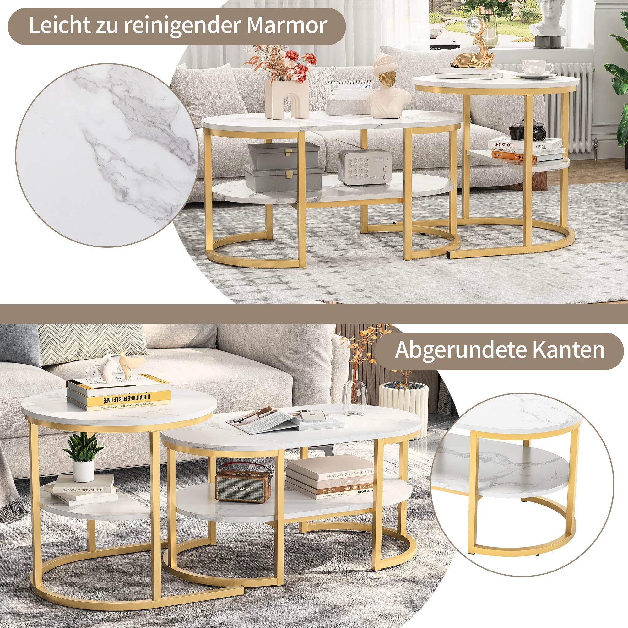 Creahappy - Set of 2 Modern Coffee Table, Stackable Elegant Coffee Table with Storage, Modern Living Room Furniture