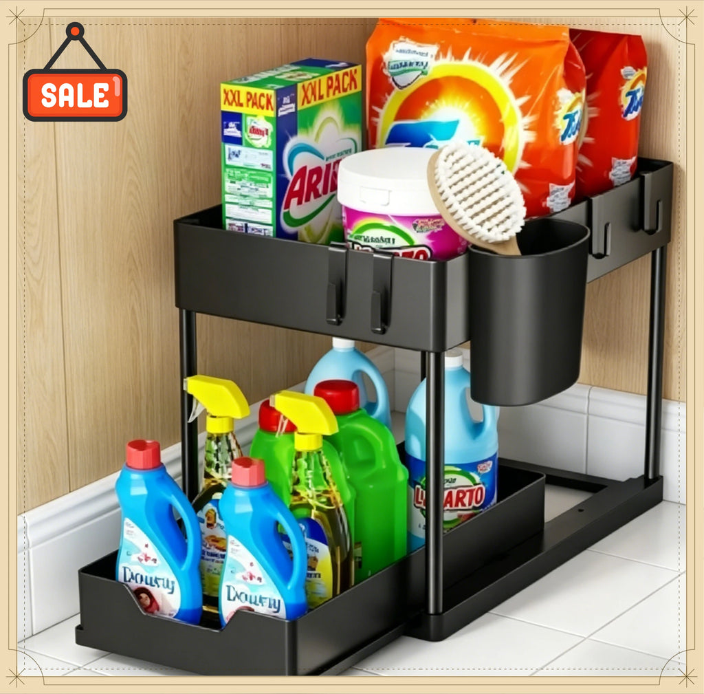 Kitchen Bathroom Under Sink Organizer 2-Tier Sliding Storage Basket Multipurpose Shelf with Hanging Cup and Hook Accessories