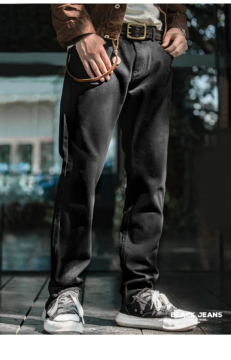 Maden 12.8oz Black Washed Denim Jeans Men's Vintage Mid Rise Straight Classic Casual Zip Fly Pants for Autumn Versatile Trousers
