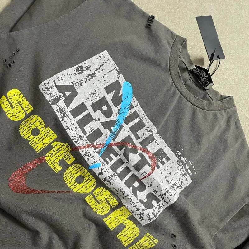 Men Satoshi Nakamoto Vintage Destroyed T-Shirt Oversized Cotton Streetwear Washed Tee