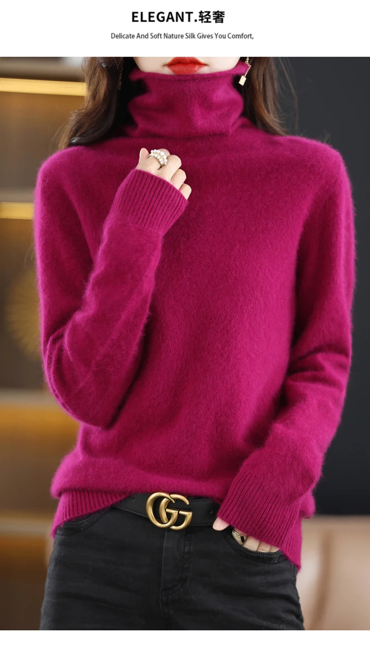 Women's Pile Collar 100% Mink Cashmere Sweater Winter High Collar Knitted Pullover Casual Short Thick Tops Loose Warm Base Shirt
