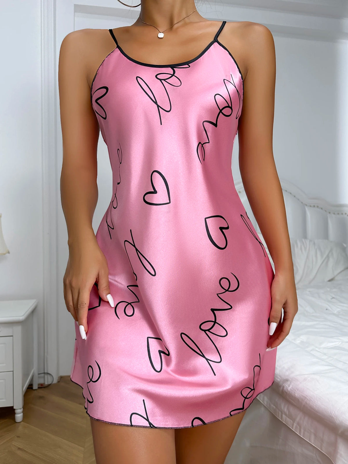 Heart Letter Print Nightdress Casual Round Neck Spaghetti Strap Sleep Dress Women's Sleepwear Dresses
