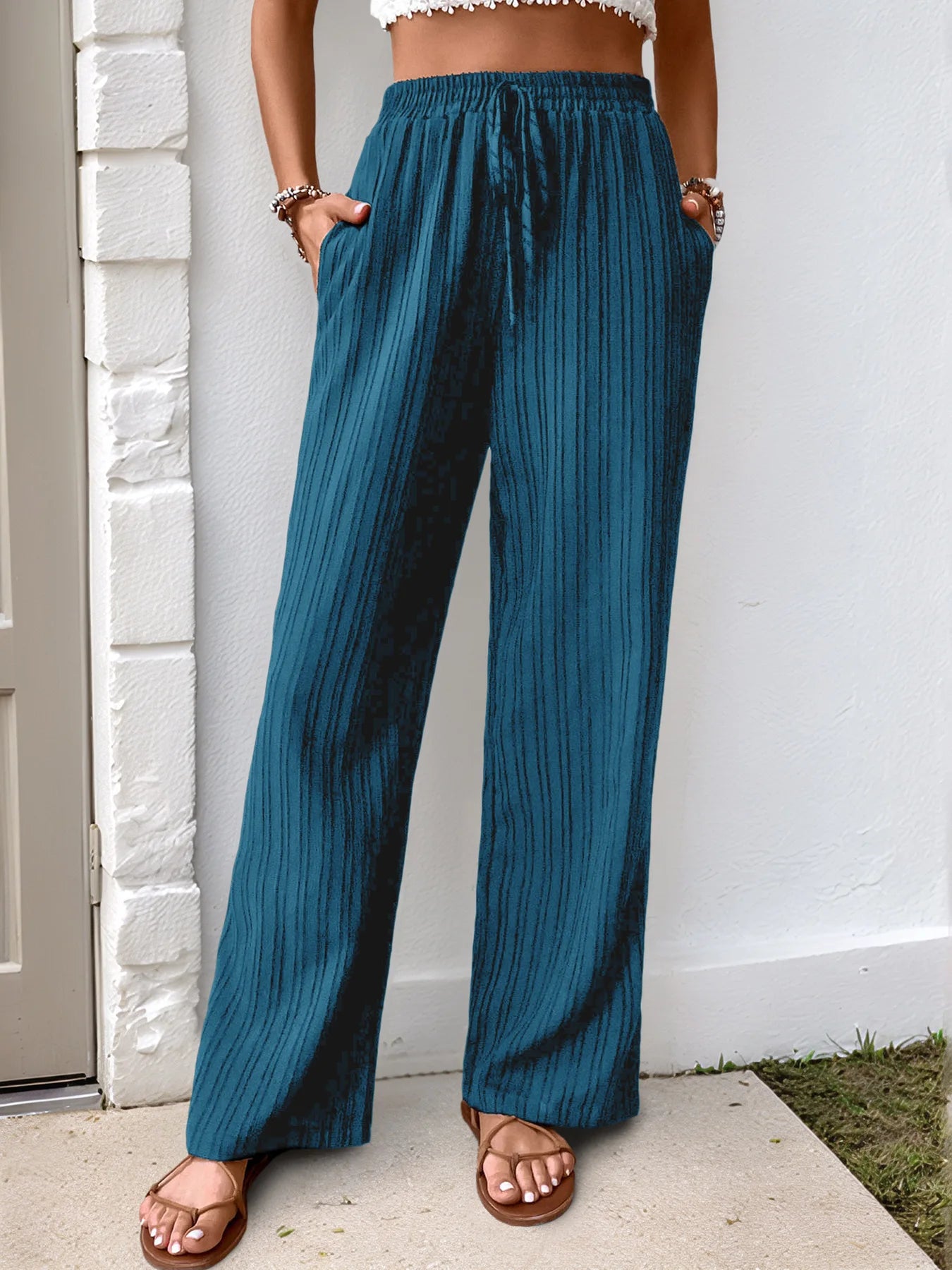 Womens High Waist Pleated Wide Leg Pants Simple Versatile Loose Casual Trousers