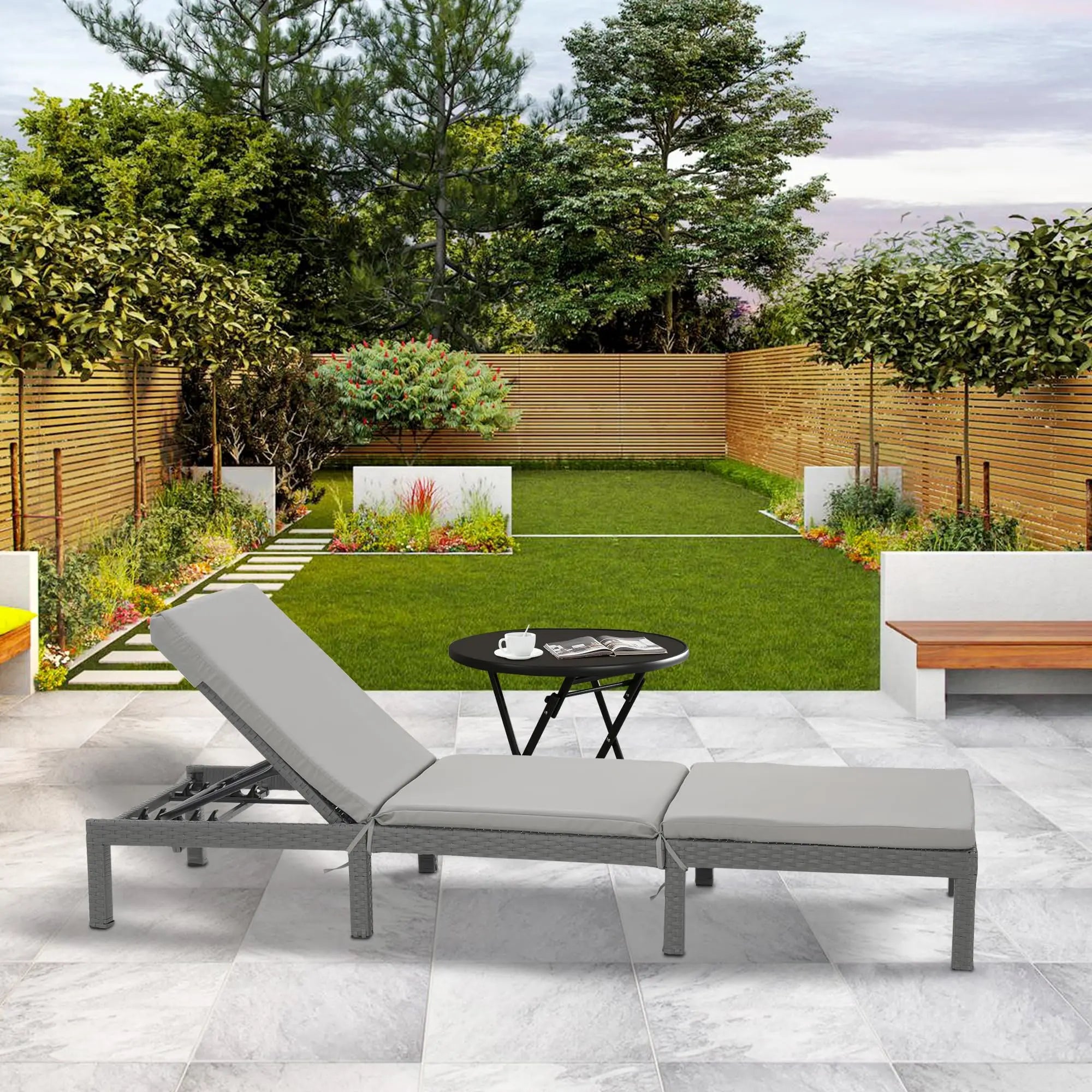 Outdoor Rattan Chaise Loungers with Adjustable Cushion Backrest Pool Terrace Deck