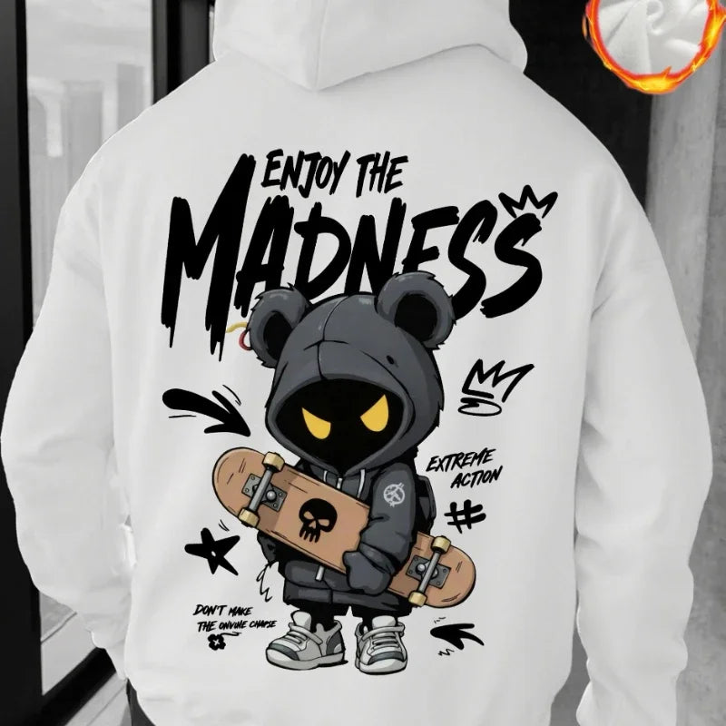 Men's Casual Street Hooded Sweatshirt with Hand-drawn Cartoon Portrait and Letter Pattern Print. Fall/Winter Hooded Shirt.