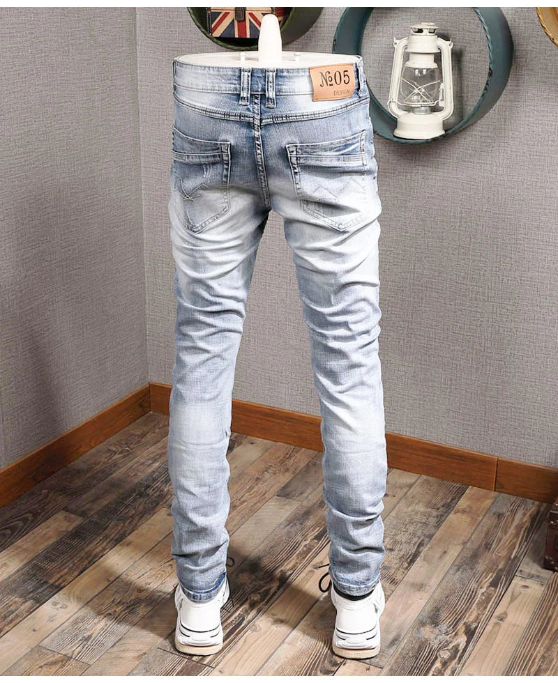 Streetwear Fashion Men Jeans Retro Light Blue Elastic Slim Fit Ripped Jeans Men Embroidery Designer Vintage Casual Denim Pants