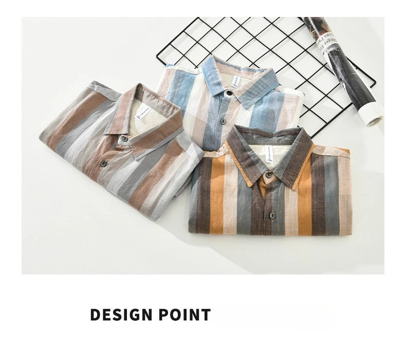 Summer New Linen and Lyocell Cooling Striped Half Sleeve Shirt for Men Casual Turn-down Collar Shirt  EC1292