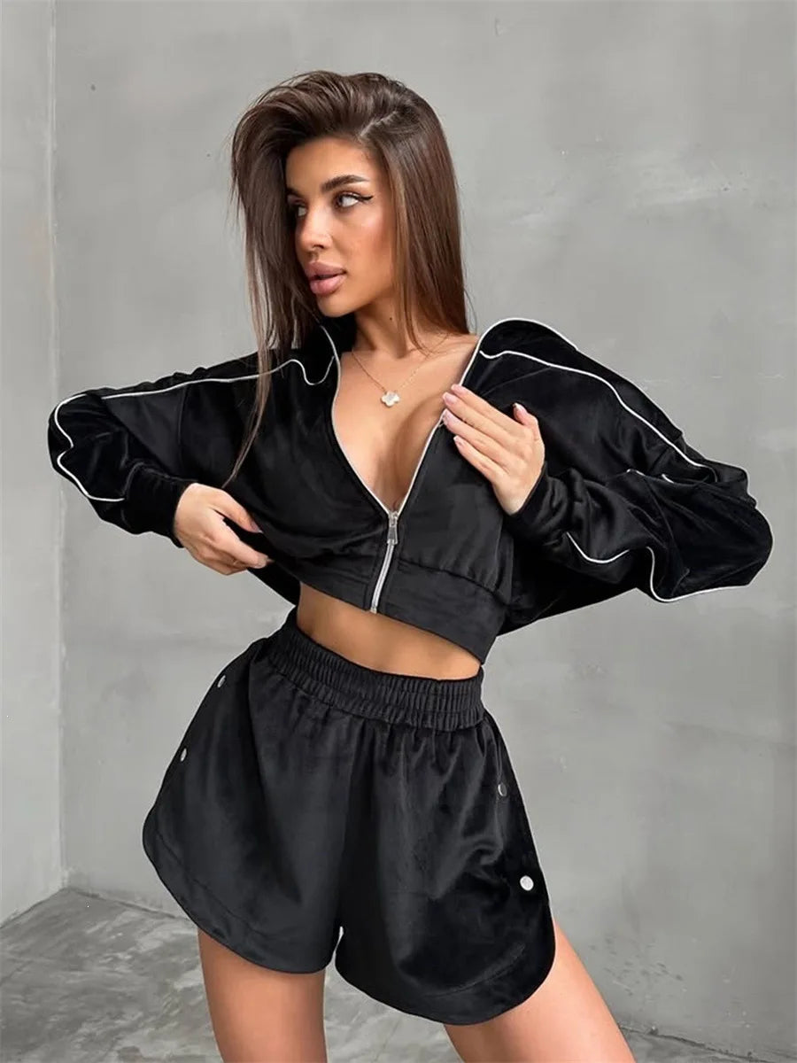 Summer Women Long Sleeved Zipper Two Piece Sets Top Elastic Shorts Outfits Fashion Striped Casual Suits Lapel Tracksuits 2026