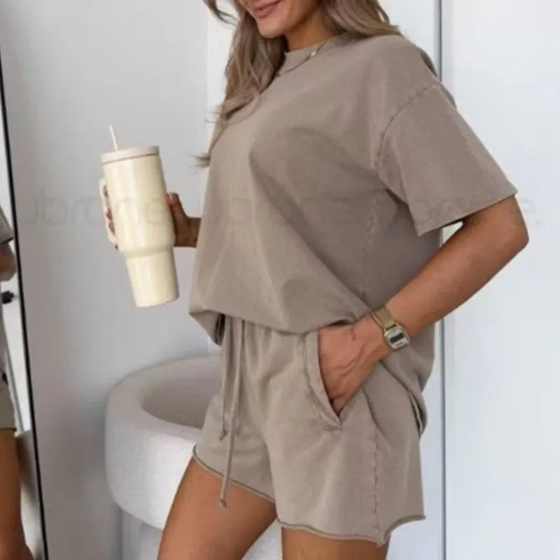 Simple Basic Shorts Set Solid Color Casual Comfortable Loose Temperament Daily Versatile Two-piece Set For Women 2026 Summer