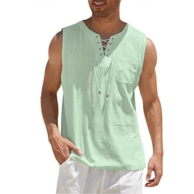 New 2026 Men's Casual Cotton Linen Tank Tops Men Drawstring V Neck Sleeveless Shirts Summer Casual Shirt Gym Fitness Vest Tops