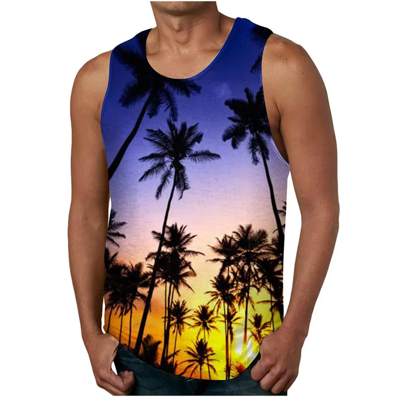 vintage Summer 3D New Coconut Trees Printed Tank Top Tropical Leaves Graphic Tank Tops Men Fashion Cool Streetwear Clothing Vest
