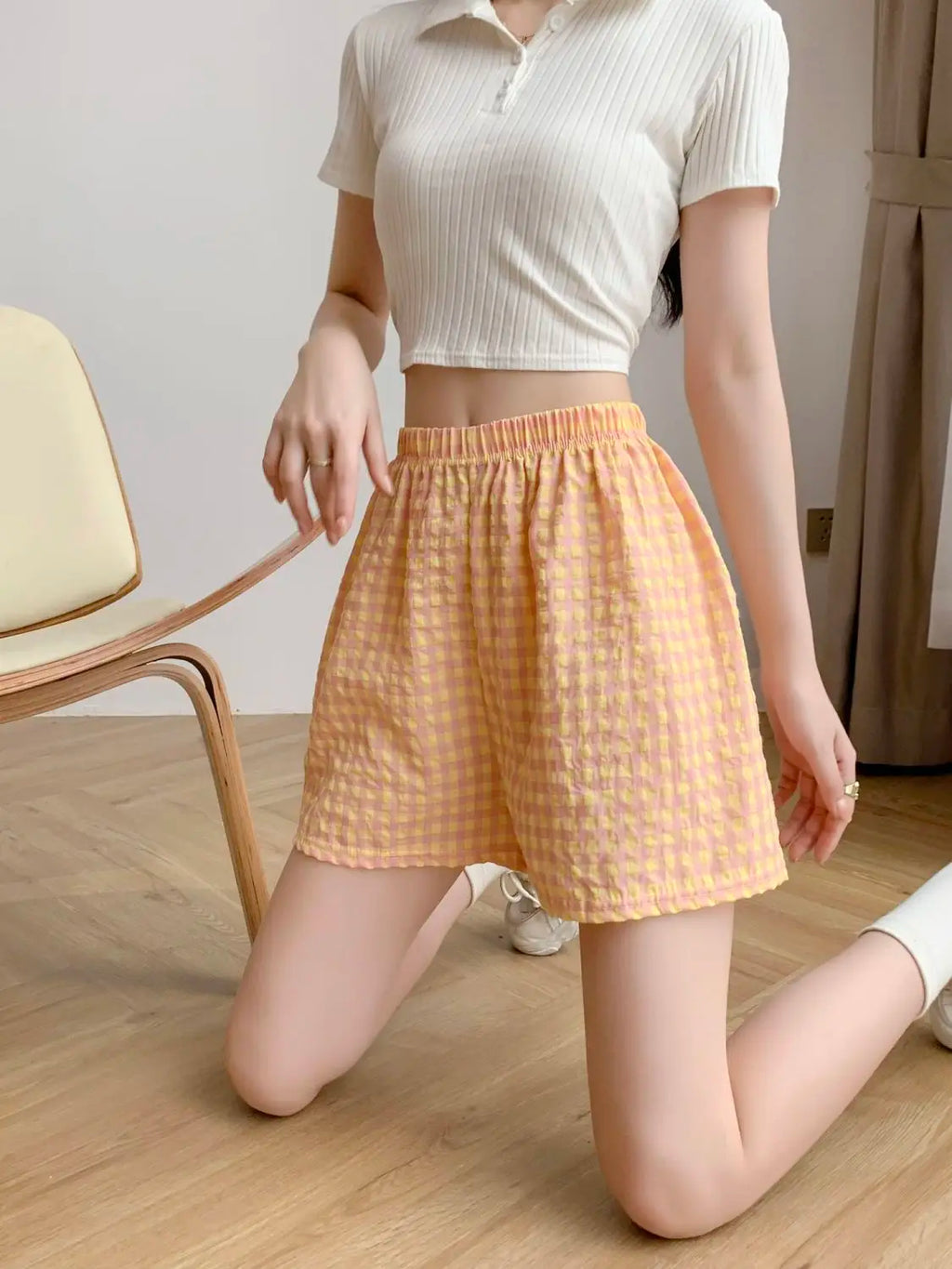 Summer Home Shorts Women's High Waisted Slimming Wide Leg Pants Sports Casual Pants Loose Plaid Pajama Pants