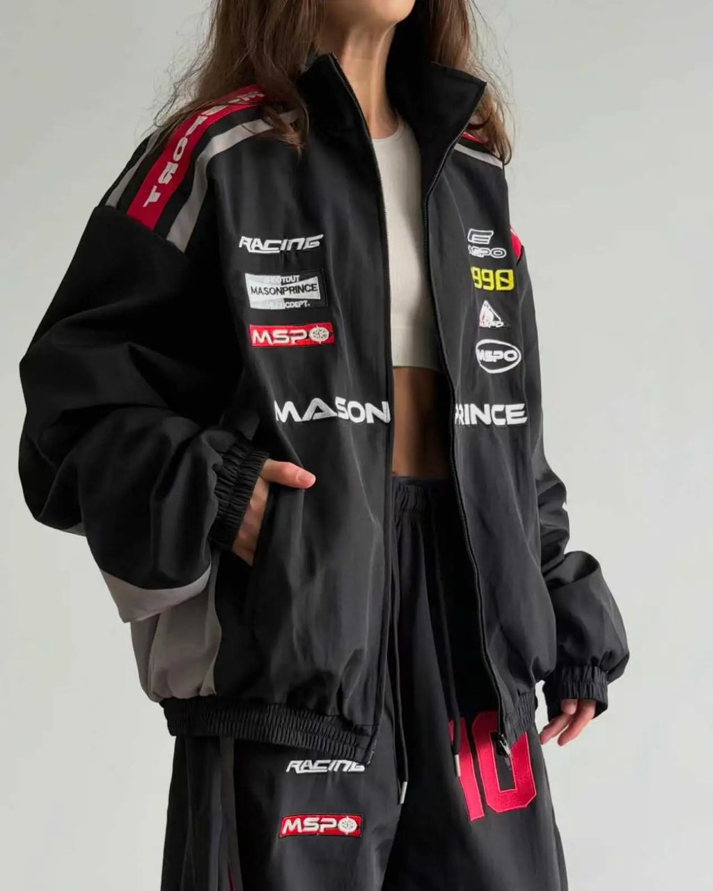 American White Racing Suit Set Women Red White Navy Blue Contrasting Embroidery Loose Jacket Wide Leg Sports Pants Two-piece Set