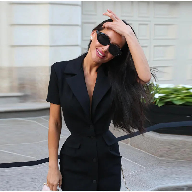 Fashion Lapel Short Sleeve Dress Women's Solid Color Single Breasted Slit Midi Dresses 2026 Summer New Lady Elegant Office Wear