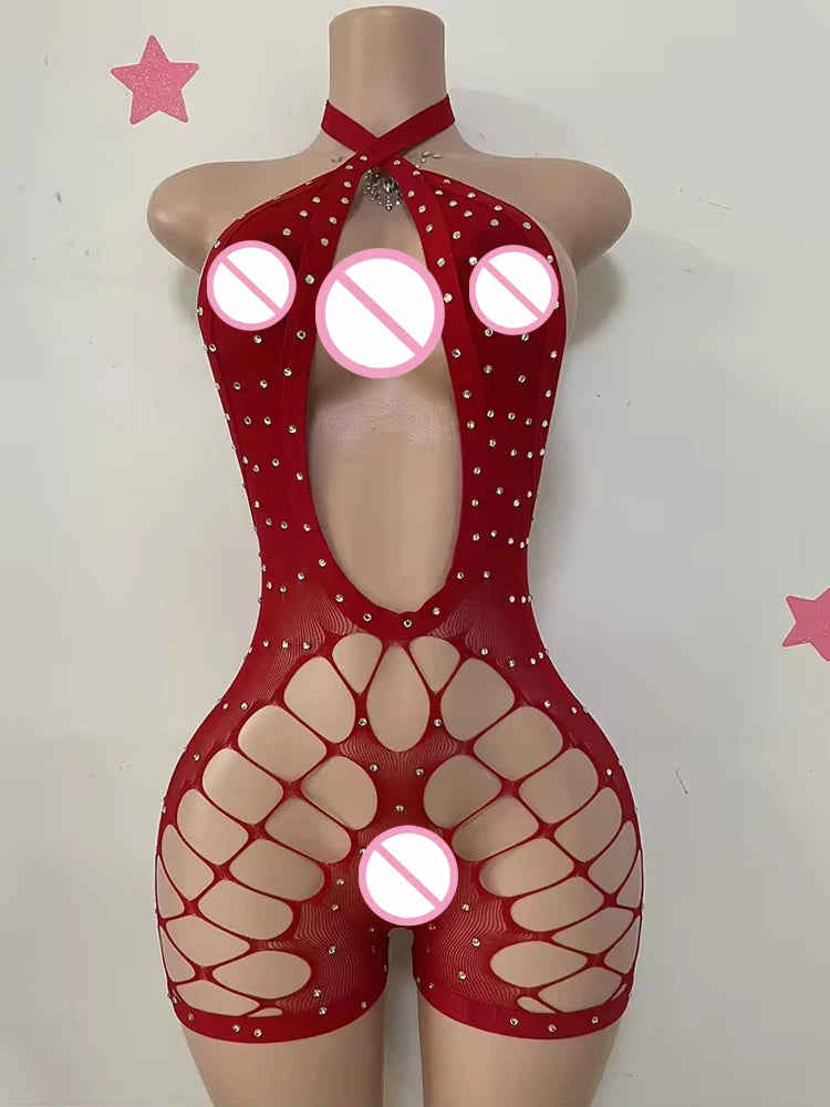 Sexy Designer Stripper Outfits Hollow-Out Rhinestone Halter Romper Women Playsuit Dancewear Ballrooms Performance Wear Jumpsuit
