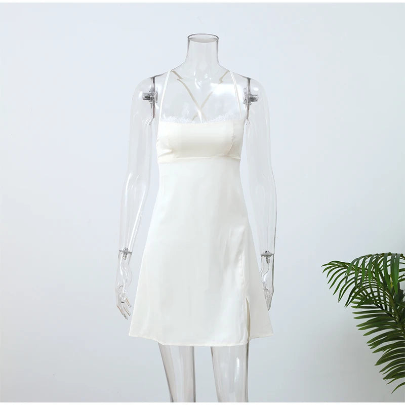 White Satin Women's Mini Dress Backless Patchwork Lace-up Sleeveless Dresses 2026 Fashion Summer Party Evening Elegant Vestidos