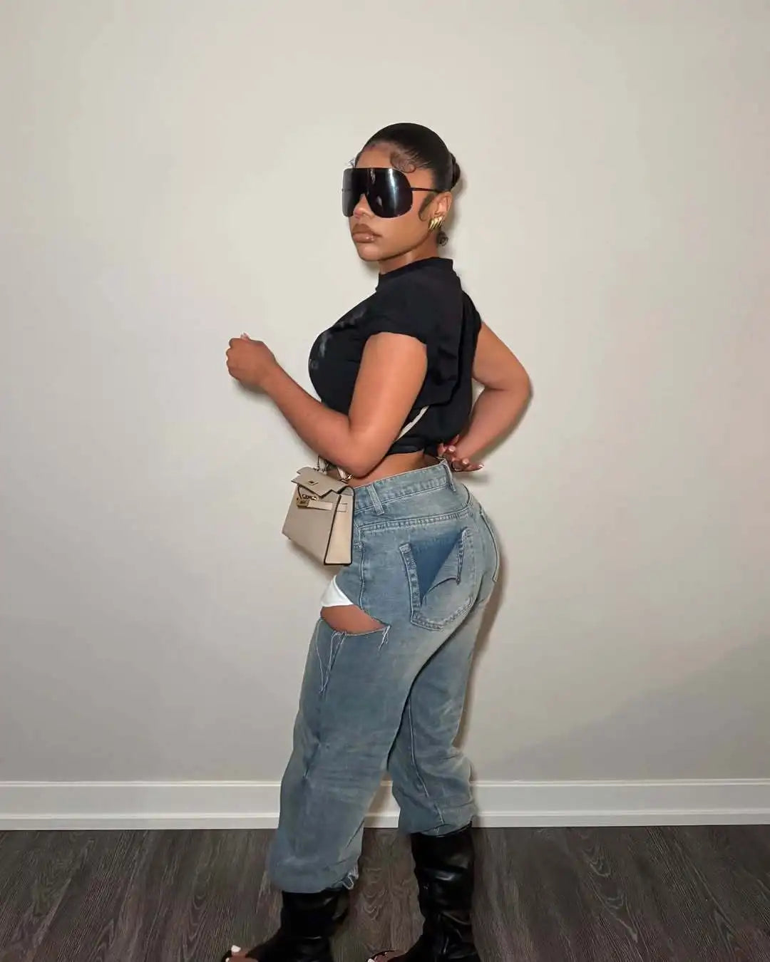 FAGADOER Y2k Sexy Hollow Out Denim Pants Women Solid Color Hole Patchwork High Waist Jeans Female Streetwear Bottoms 2025 New