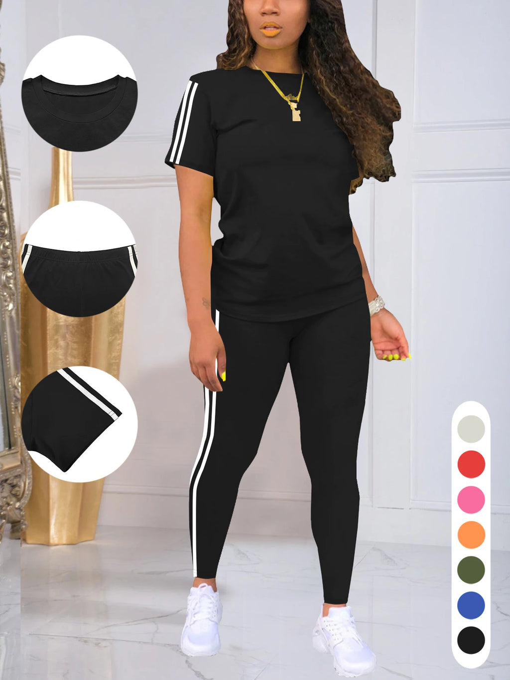 Women's Side-Striped Summer Sportswear Set Short Sleeve Long Pants Breathable Base Layer Clothing Colorful Casual Outfit