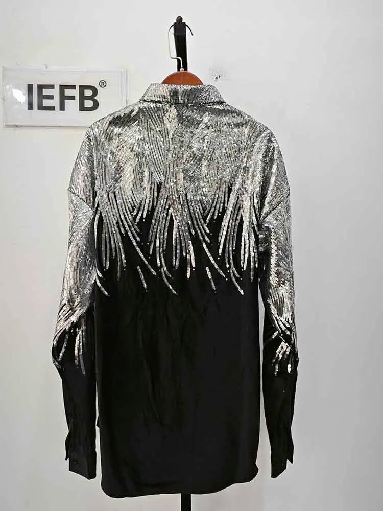 IEFB Summer Embroidery Sequin Velvet Fashionable Temperament Men's Long Sleeve Shirts Lapel Personal Design Oversize Tops 9Y6658