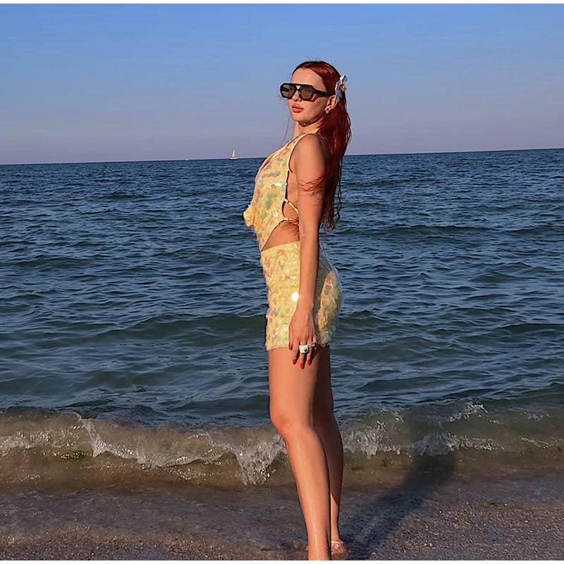 Sequins Halter Hollow Out Dress Women's Sexy Backless Sleeveless Contrast Color Mini Dresses 2026 Summer New Lady Beach Robes