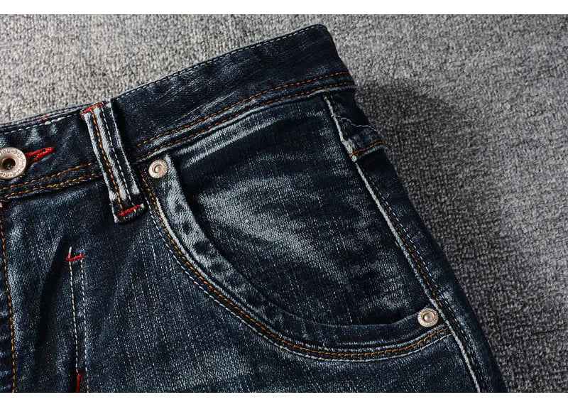 Italian Style Fashion Men Jeans High Quality Retro Black Blue Elastic Slim Fit Ripped Jeans Men Vintage Designer Denim Pants